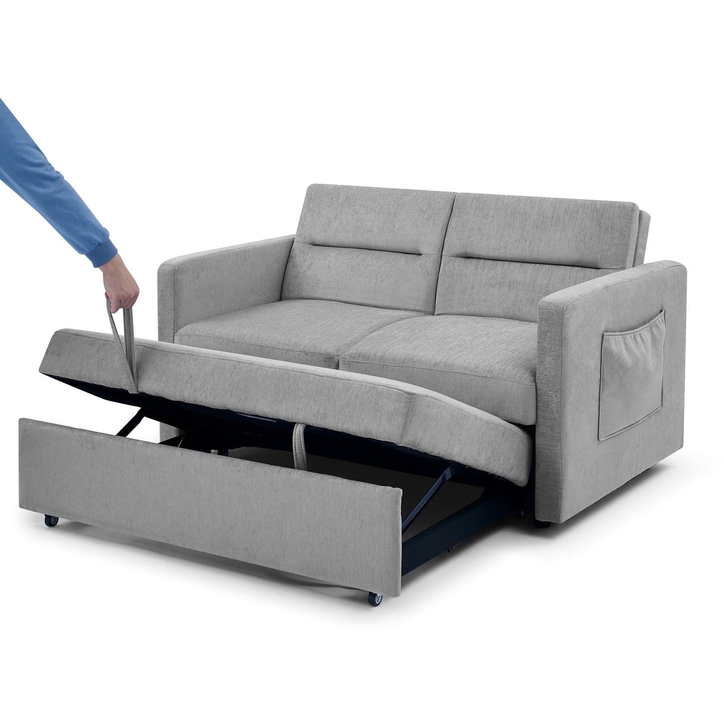 Loveseats Sofa Bed With Pull-Out Bed, Adjsutable Back and Two Arm Pocket,Grey