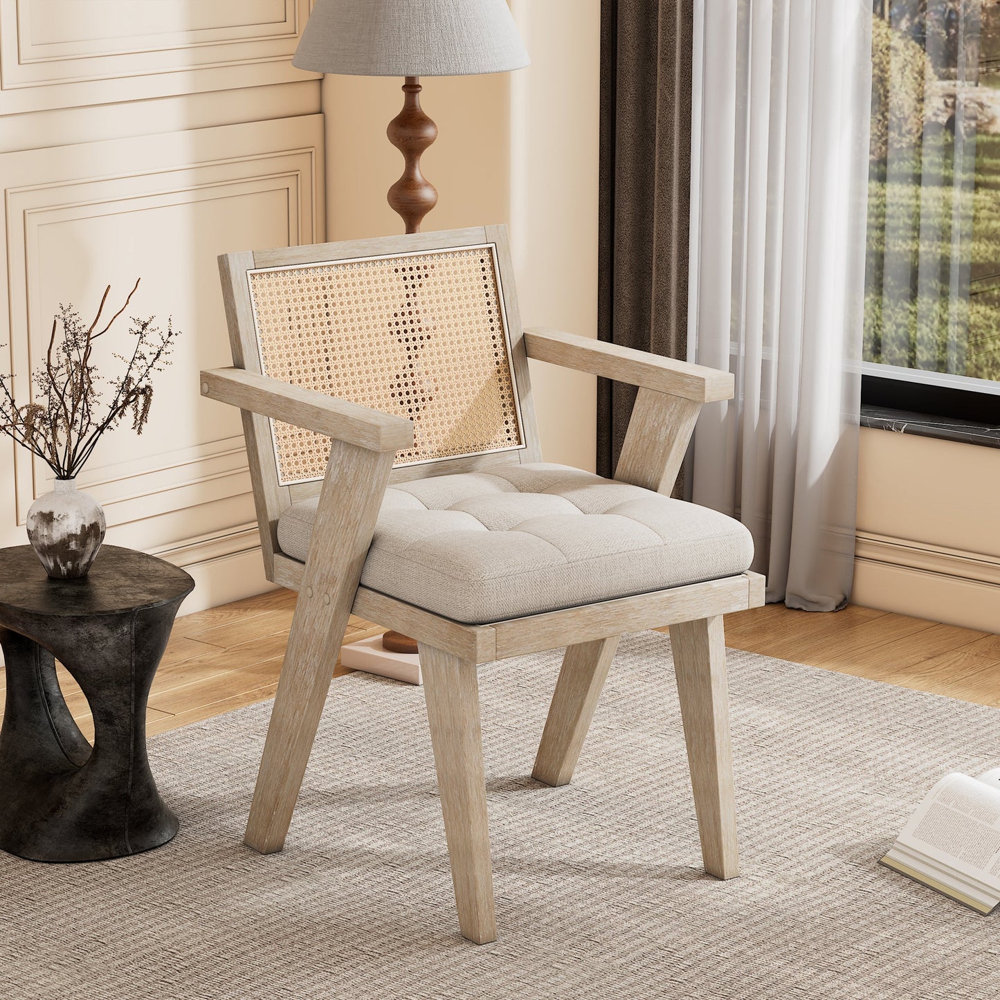 Mid-Century Accent Chair With Handcrafted Rattan Backrest and Padded Seat for Leisure, Bedroom, Kitchen, Living Room