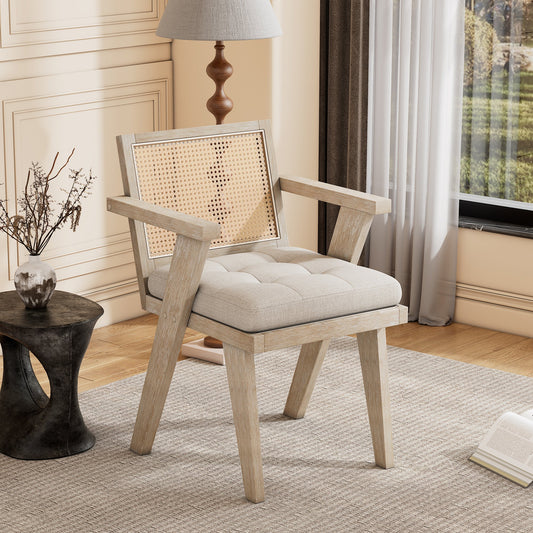 Mid-Century Accent Chair With Handcrafted Rattan Backrest and Padded Seat for Leisure, Bedroom, Kitchen, Living Room