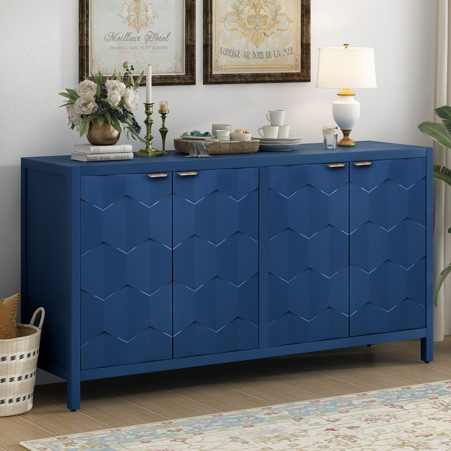 Luxurious Four-Door Sideboard With Honeycomb Patterned Doors, Offering Ample Storage for Study,Entrance and Living Room