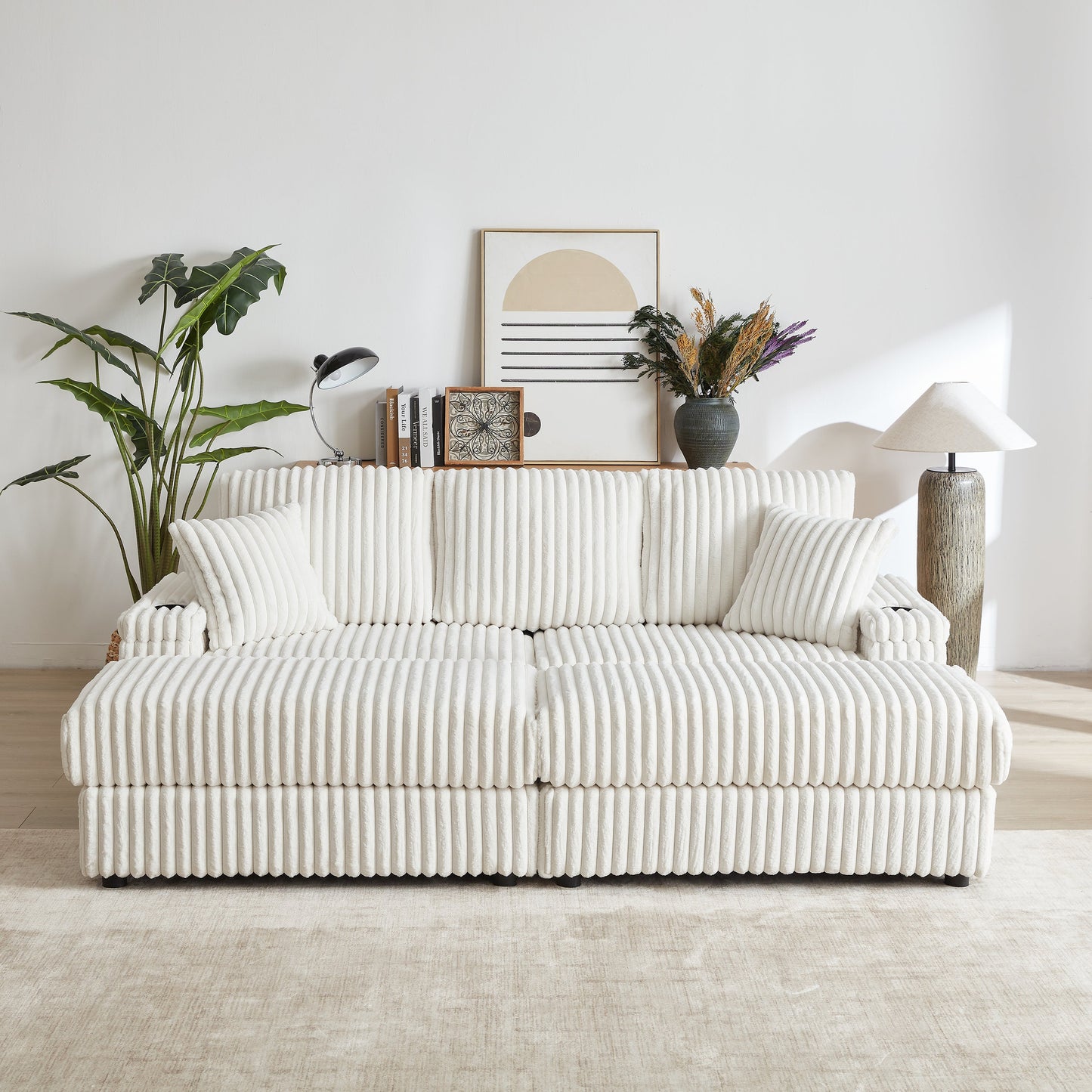 84Inch Corduroy 3-Seater Sofa With 3 Back Pillows ,2 Toss Pillows , a Ottoman ,2storage Spaces and Cup-Holding Grooves