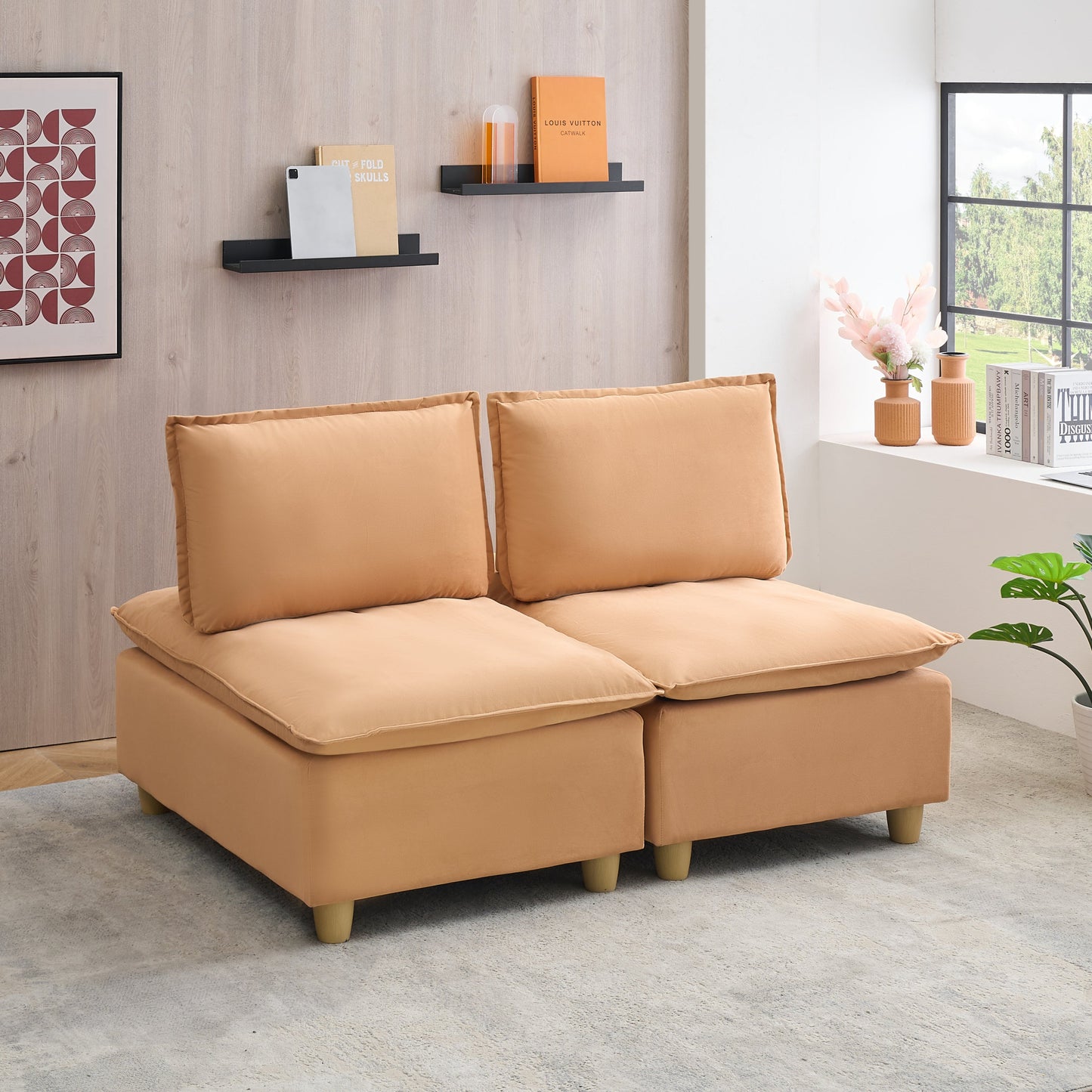 58-Inch Double-Seat Sofa in Pumpkin-Colored Flannel With a Straight-Row Design, Featuring a Fashionable and Minimalist