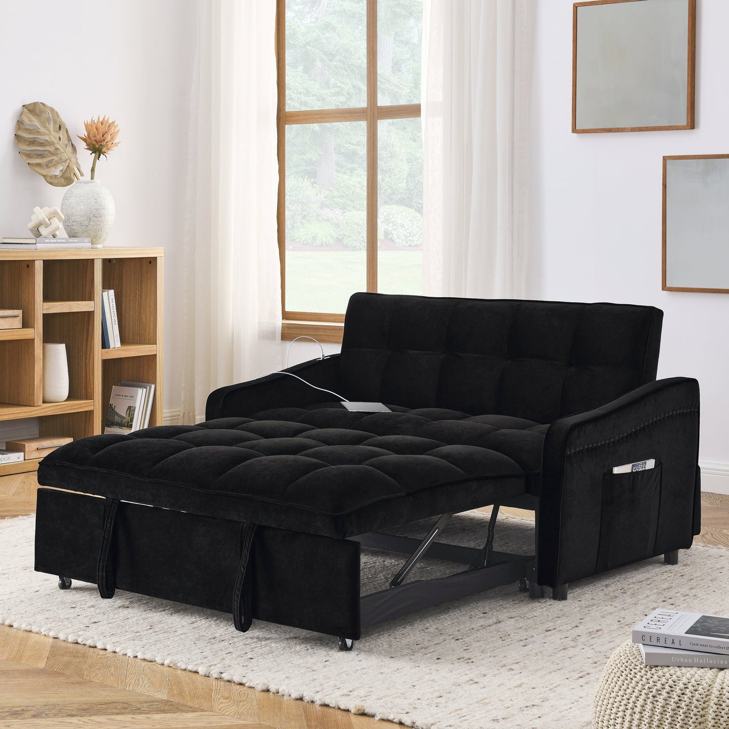 Loveseats Sofa Bed With Pull-Out Bed,Adjsutable Back and Two Arm Pocket,TypeC and USB Charging With Copper Nail,Black