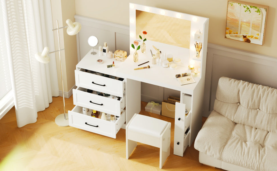 55.2" Vanity Desk With Freely Adjustable Side Cabinet, Makeup Vanity With Hollywood Lights, 5 Storage Drawers & 2-Shelve