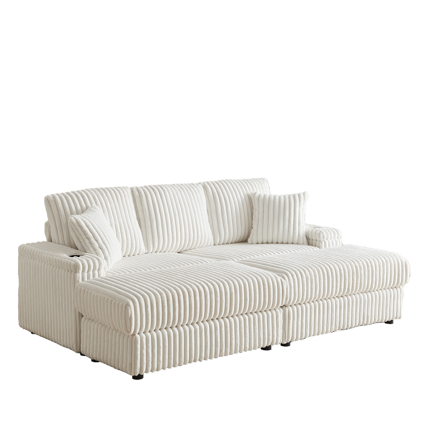 84Inch Corduroy 3-Seater Sofa With 3 Back Pillows ,2 Toss Pillows , a Ottoman ,2storage Spaces and Cup-Holding Grooves
