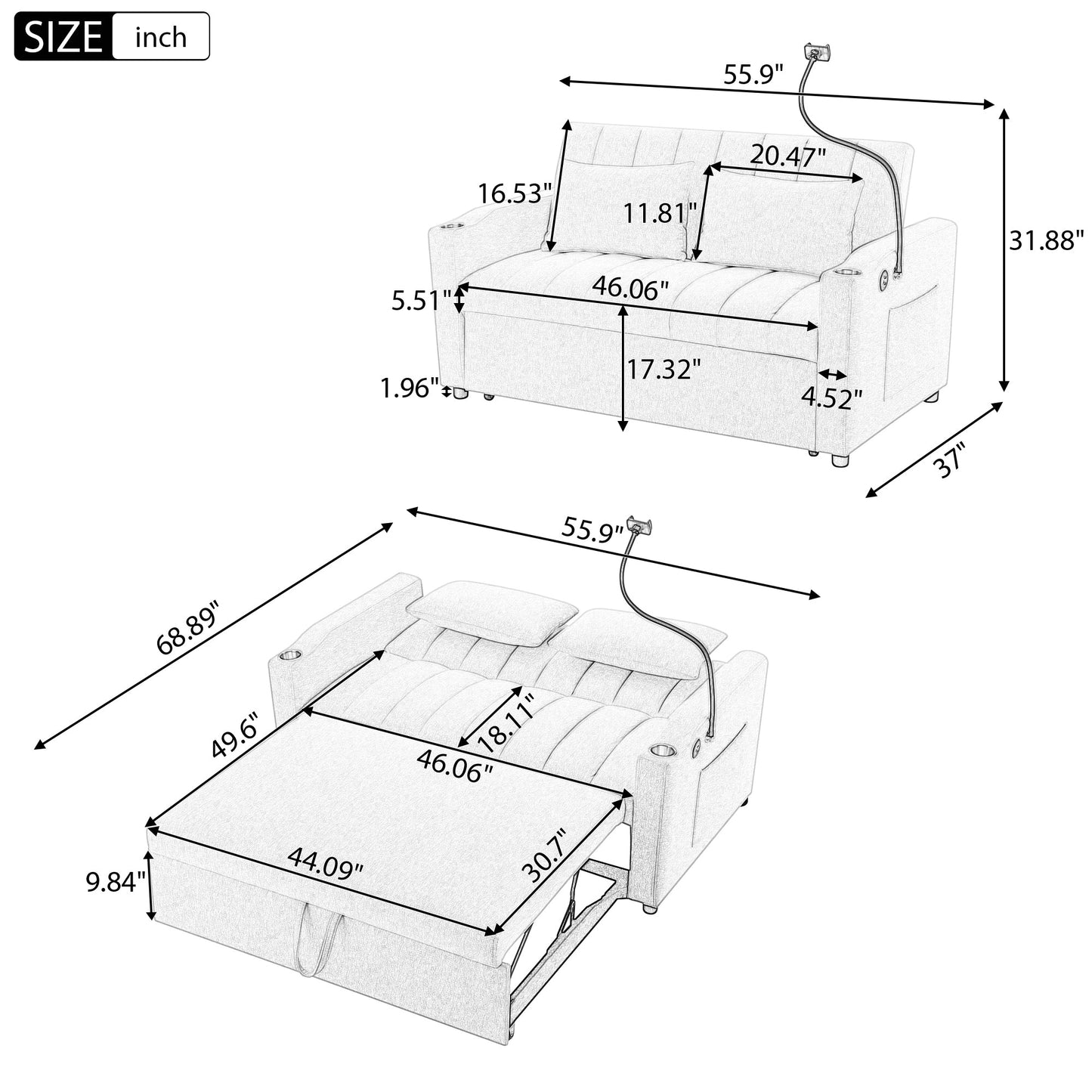 55.9" Convertible Sofa Bed Loveseat Sofa With Three USB Ports, Two Side Pockets, Two Cup Holders