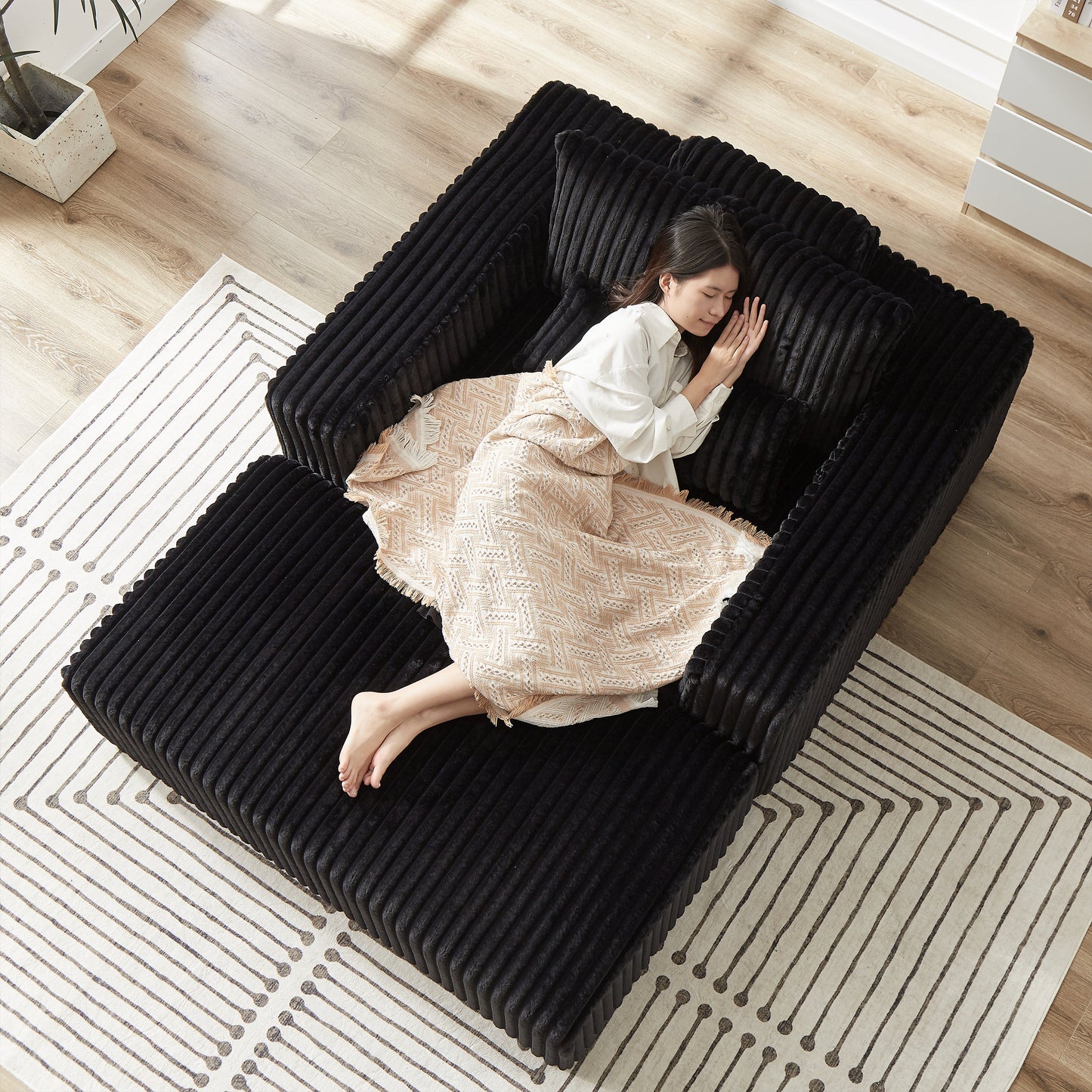 75-Inch Corduroy Sponge Sofa Lounge Chair With Removable Footrest,No Assembly Required,Fluffy Modern Sleeper Chair
