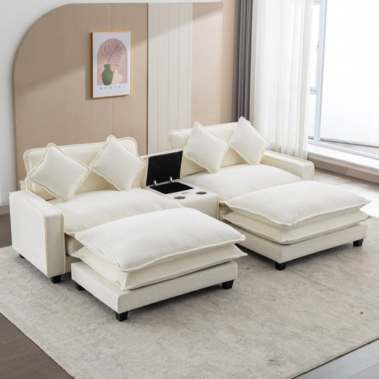 112.6" Sectional Sofa Chenille Upholstered Sofa With Two Removable Ottoman, Two USB Ports, Two Cup Holders