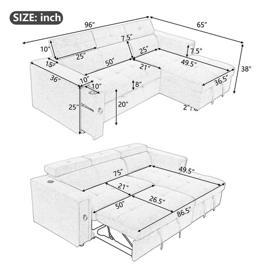 96" Multi-Functional Pull-Out Sofa Bed L-Shape Sectional Sofa With Adjustable Headrest, Wireless Charging, Cup Holders