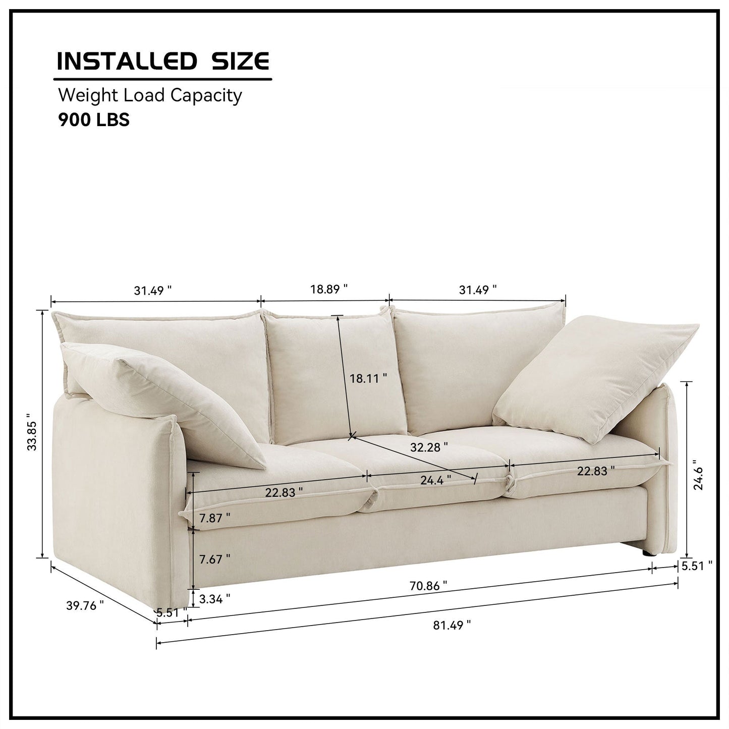 Mid-Century Sofa 3 Seater Cozy Couch for Living Room Apartment Lounge Bedroom, Beige