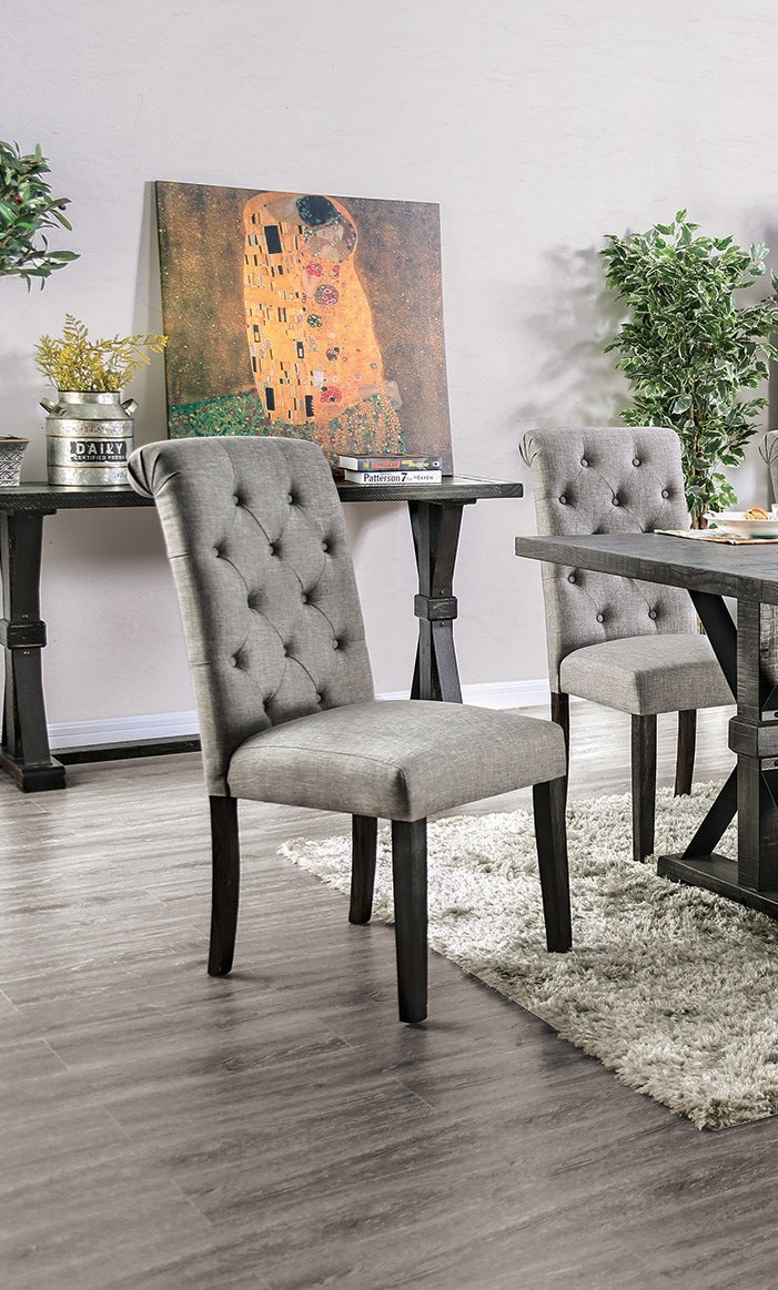 Classic Antique Black / Light Gray Set of 2 Side Chairs Button Tufted Linen Like Fabric Solid Wood Chair Upholstered