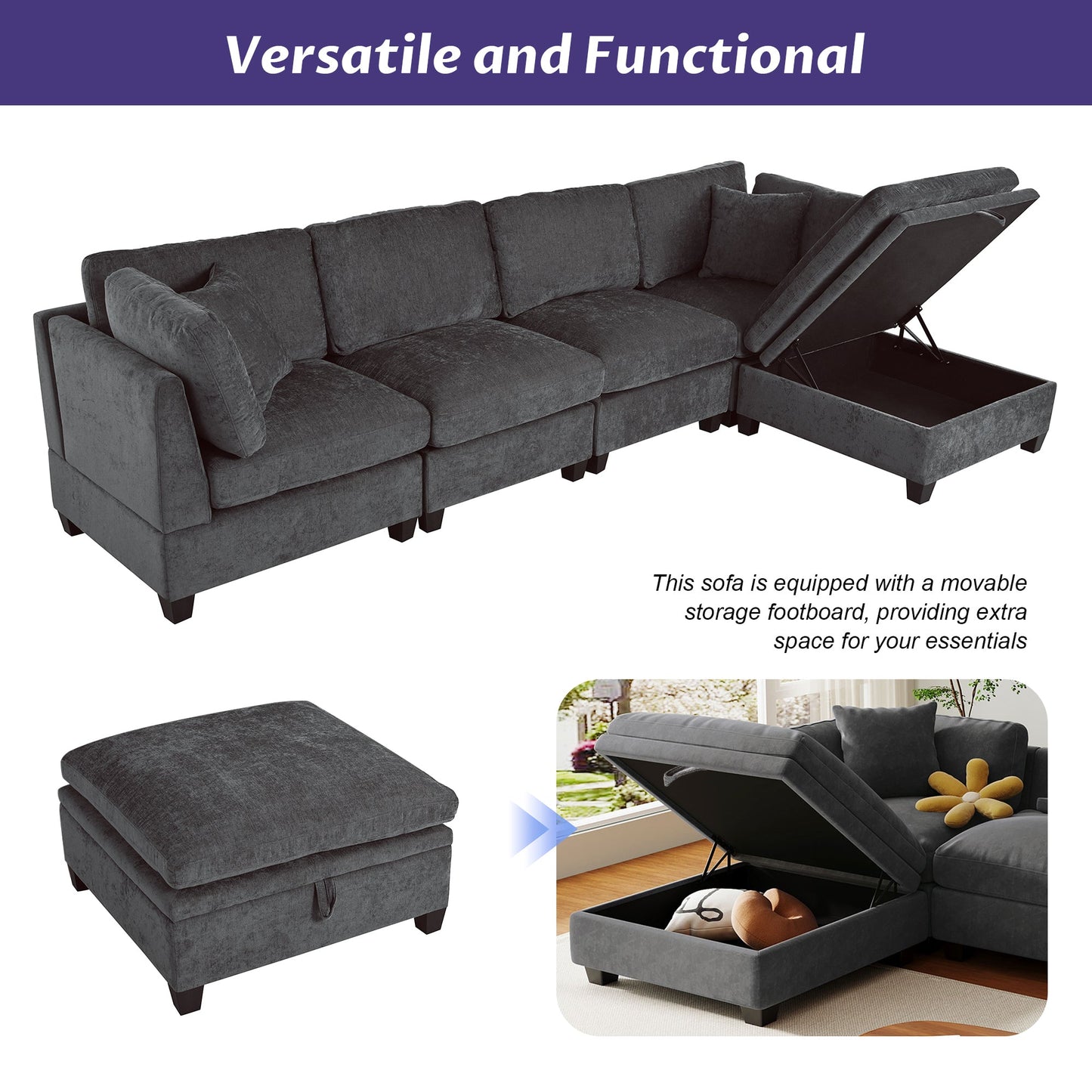 Upholstered Modular Sofa With Removable Storage Ottoman, 2 Hidden Cup Holders, Sectional Sofa for Living Room Apartment