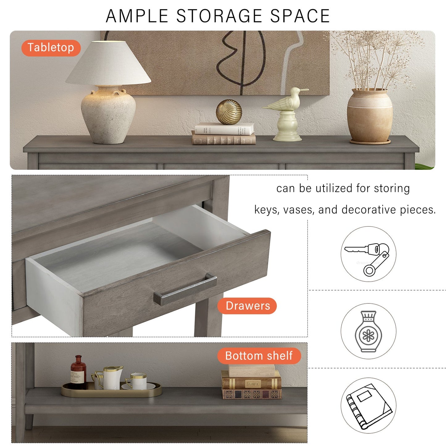 Contemporary 3-Drawer Console Table With 1 Shelf, Entrance Table for Entryway, Hallway, Living Room, Foyer, Corridor