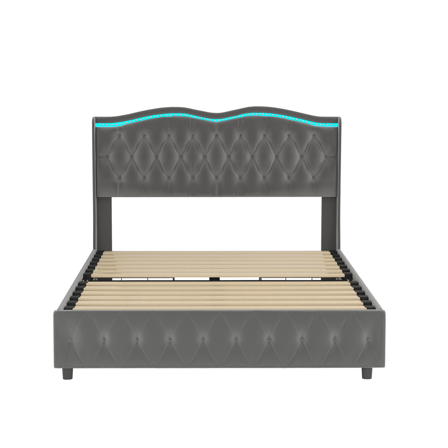 Queen Platform Bed Frame , Velvet Upholstered Bed With Deep Tufted Buttons and Nailhead Trim, Adjustable Colorful LED