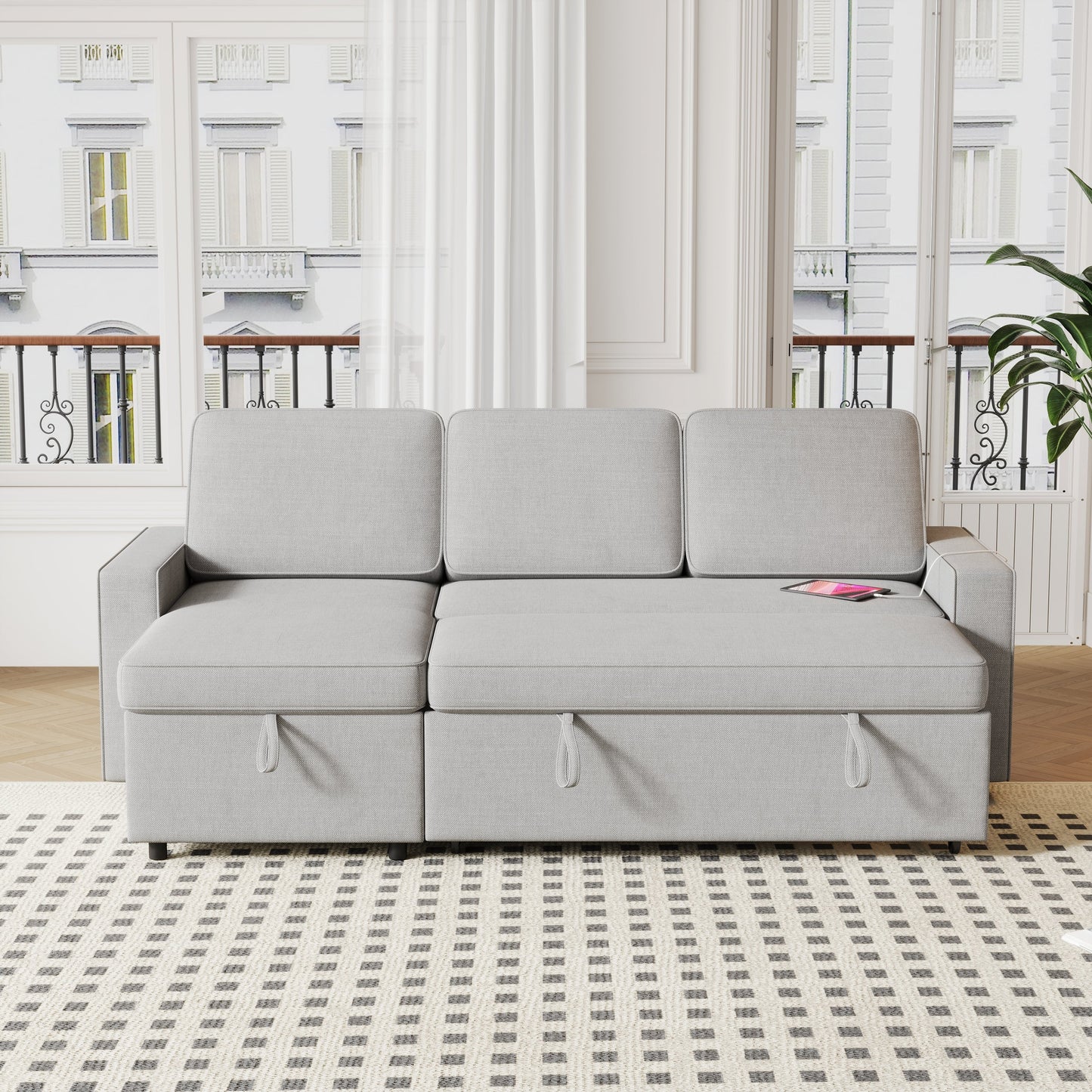 85.8" Pull Out Sleeper Sofa L-Shaped Couch Convertible Sofa Bed With Storage Chaise and Storage Racks,With USB Port