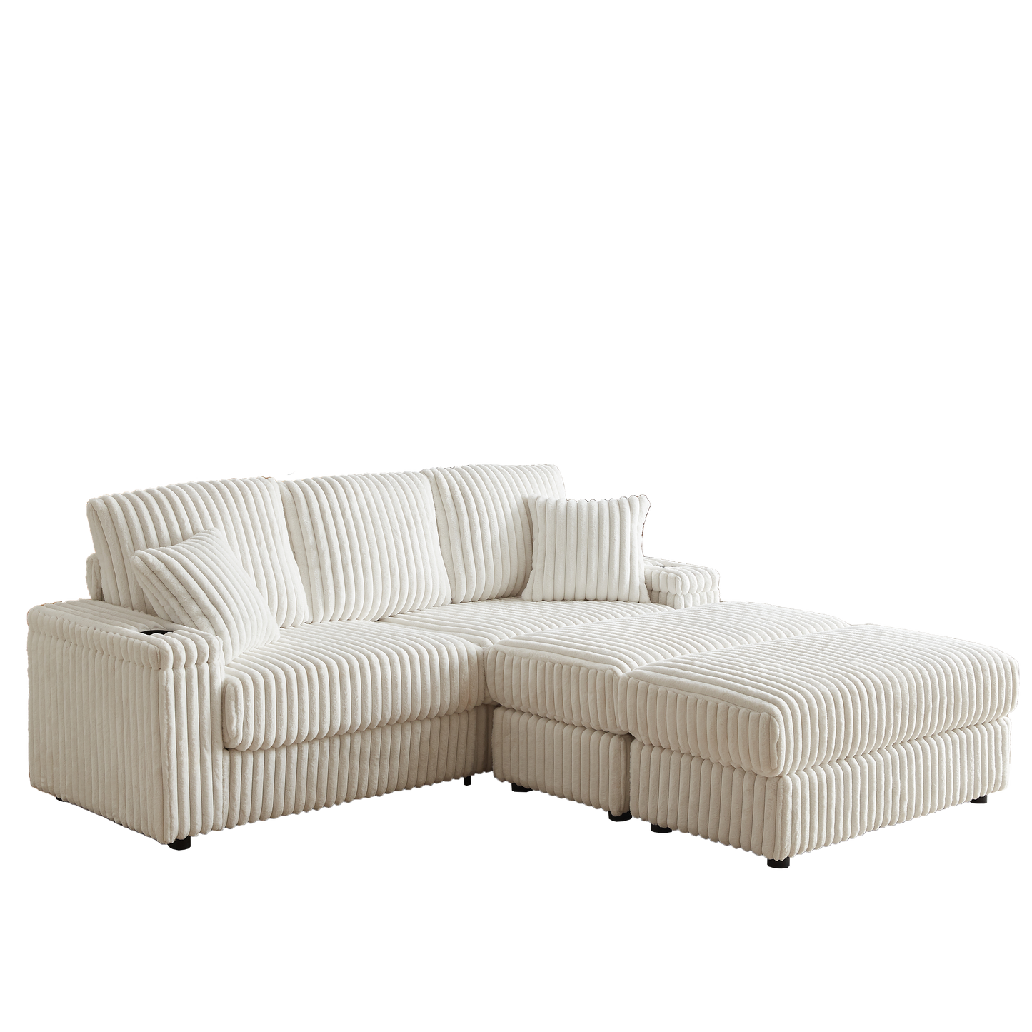 84Inch Corduroy 3-Seater Sofa With 3 Back Pillows ,2 Toss Pillows , a Ottoman ,2storage Spaces and Cup-Holding Grooves