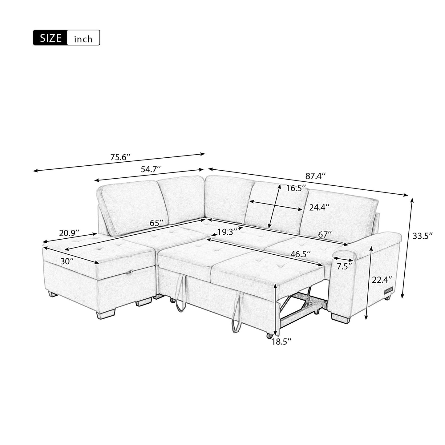 Sleeper Sectional Sofa, L-Shape Corner Couch Sofa-Bed With Storage Ottoman