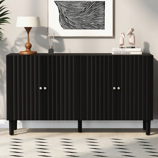 Elegant Four-Door Sideboard With Wavy Pattern Doors, Cylindrical Legs, and Sleek Metal Handles, Adjustable