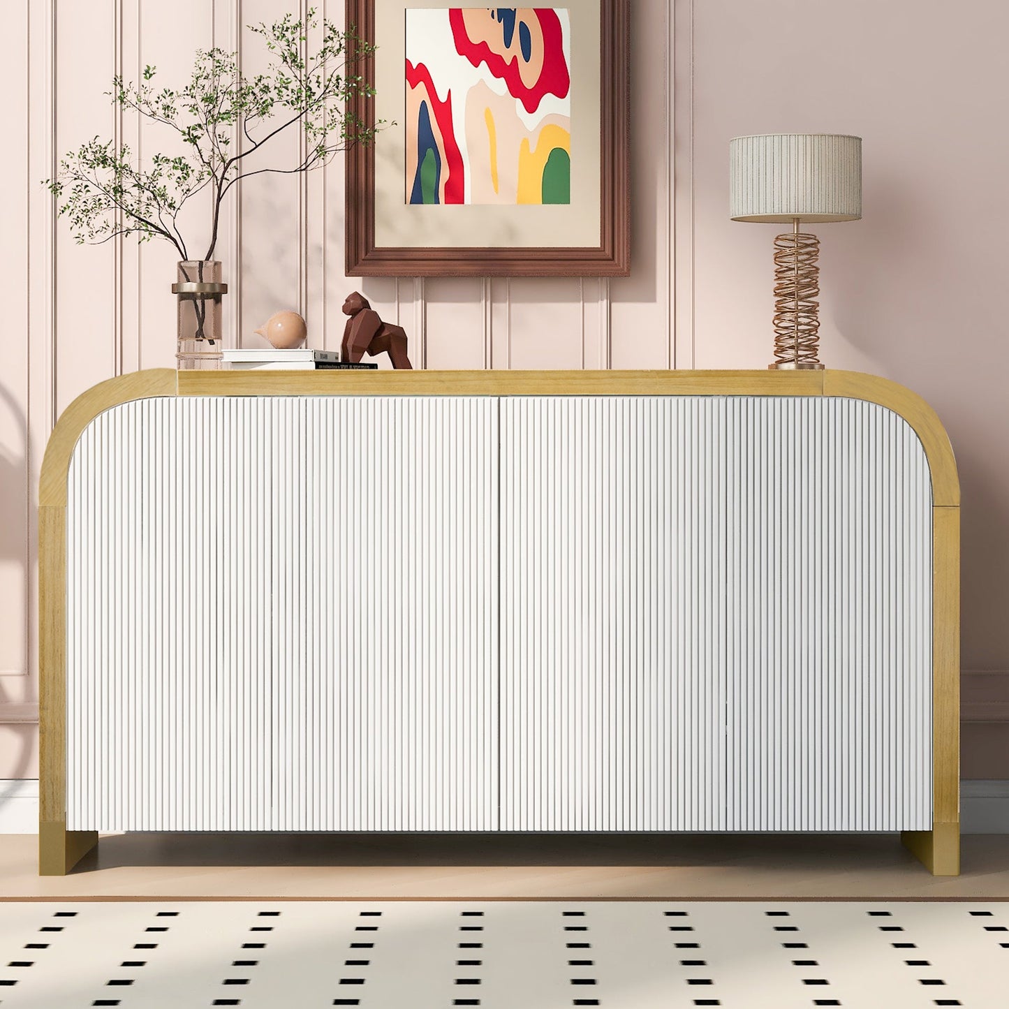 4-Door Curved Corner Design Wavy Door Panel  Cabinet With Adjustable Shelves, Suitable for Study, Living Room