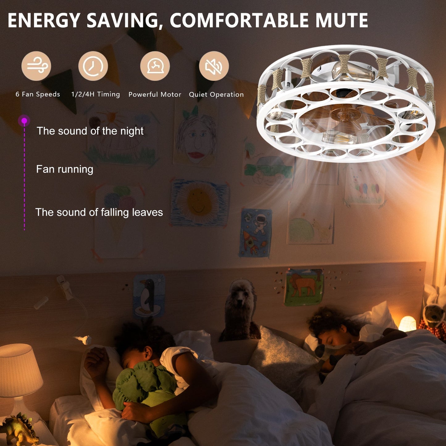 Caged Ceiling Fan With Lights Remote Control,Semi -Embedded Modern Ceiling Fans, 6 Speeds Reversible Blades, 4 LED Bulbs