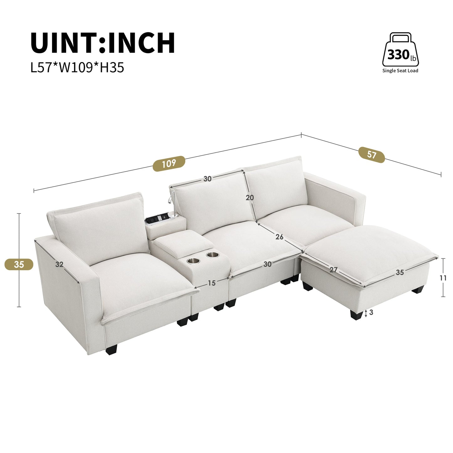 109*57"Modern Sectional Cloud Sofa With Console,USB Charging Port,Reading Light,Cup Holder,4 Seat Chenille Modular Couch