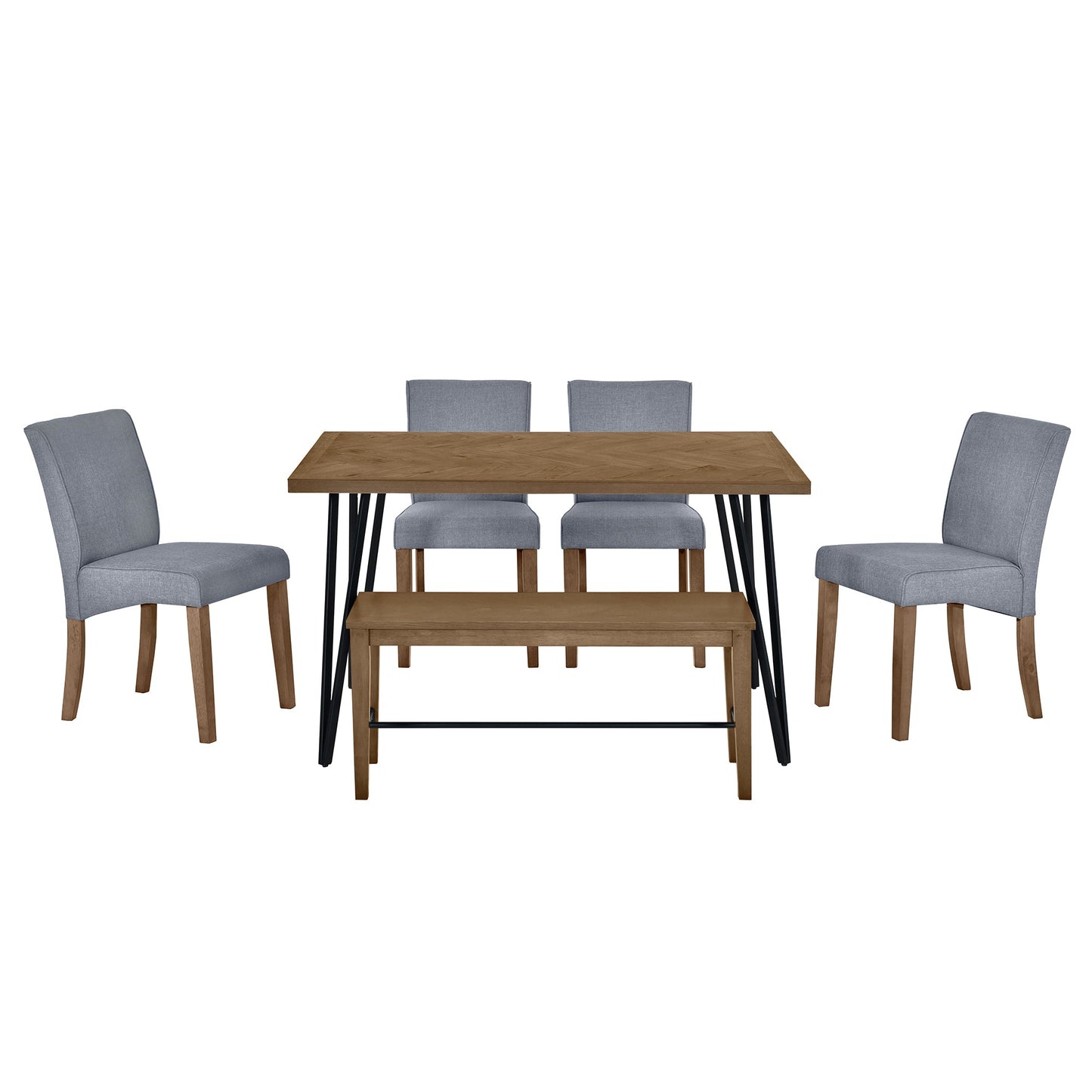 Modern 6-Piece Dining Table Set With V-Shape Metal Legs, Wood Kitchen Table Set With 4 Upholstered Chairs and Bench