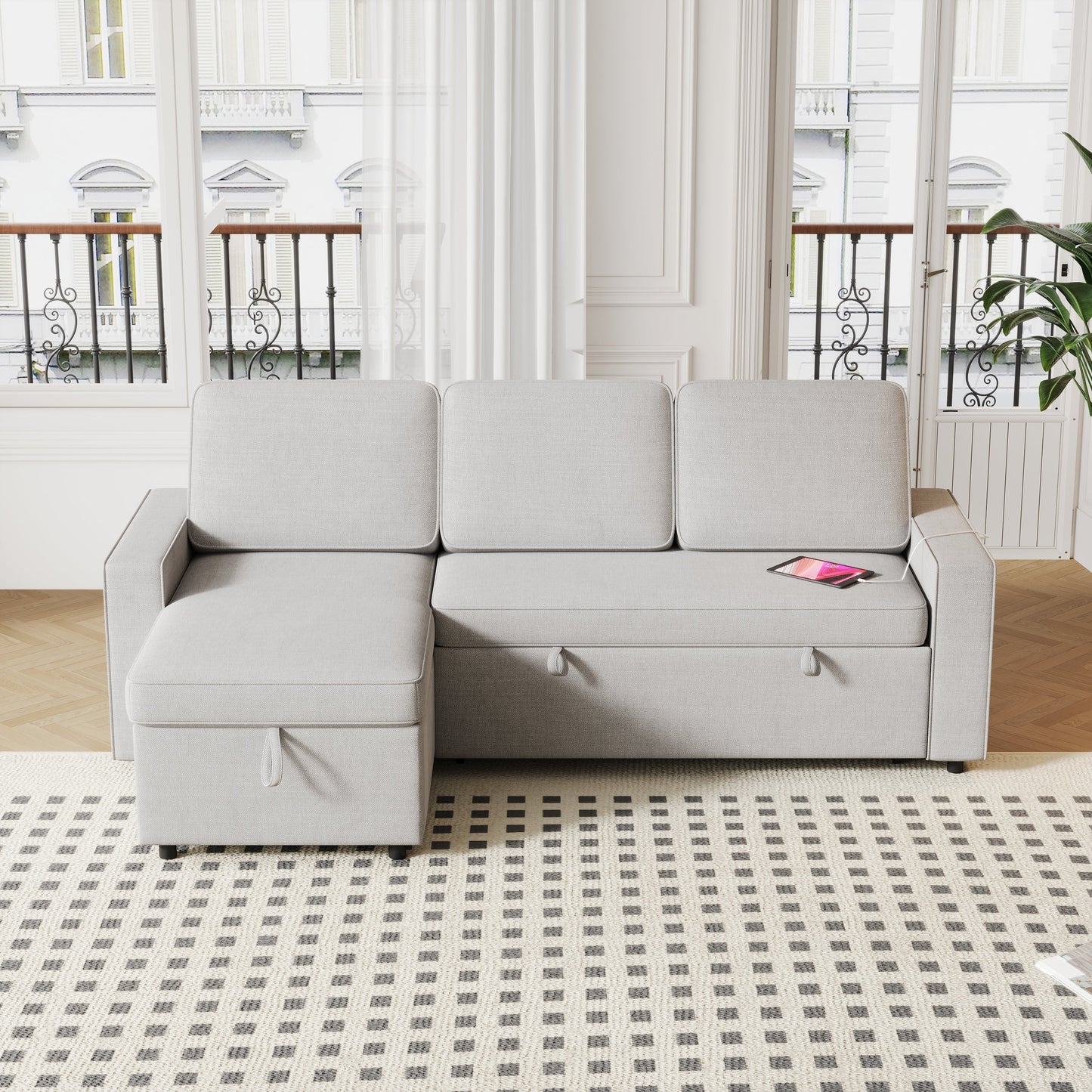 85.8" Pull Out Sleeper Sofa L-Shaped Couch Convertible Sofa Bed With Storage Chaise and Storage Racks,With USB Port