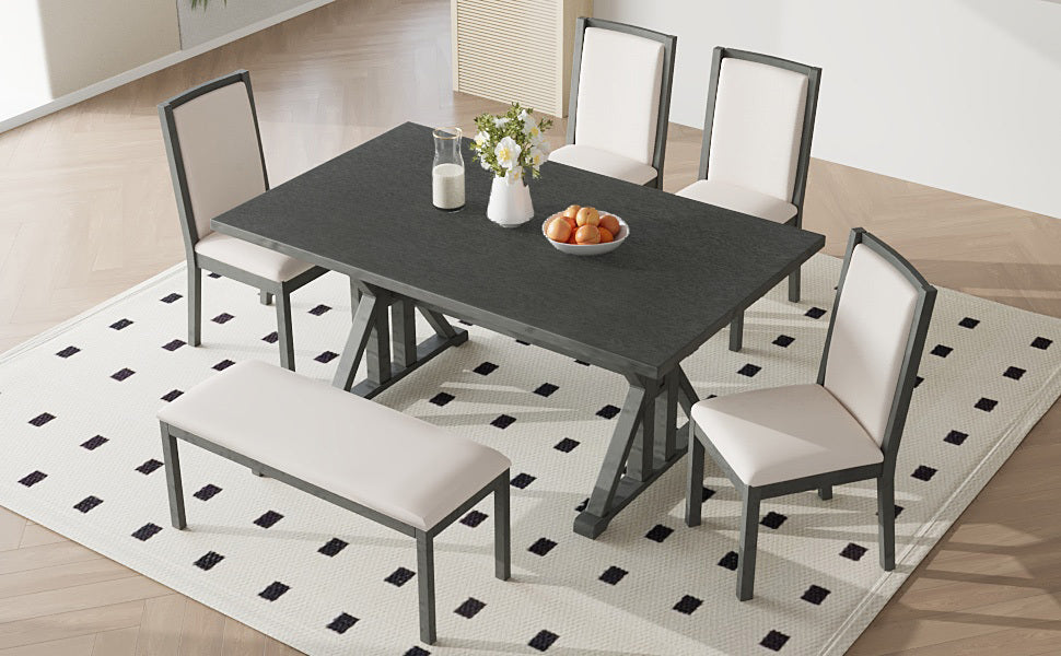 Farmhouse Classical 6-Piece Dining Table Set With Trestle Legs,Kitchen Table Set for 6 With 4 Upholstered Dining Chairs