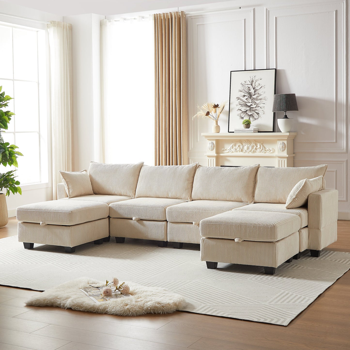 113.5'' Modular Sectiona Corduroy Sofa, Sectional Couches for Living Room U Shaped Sectional Couch With Storage Ottoman