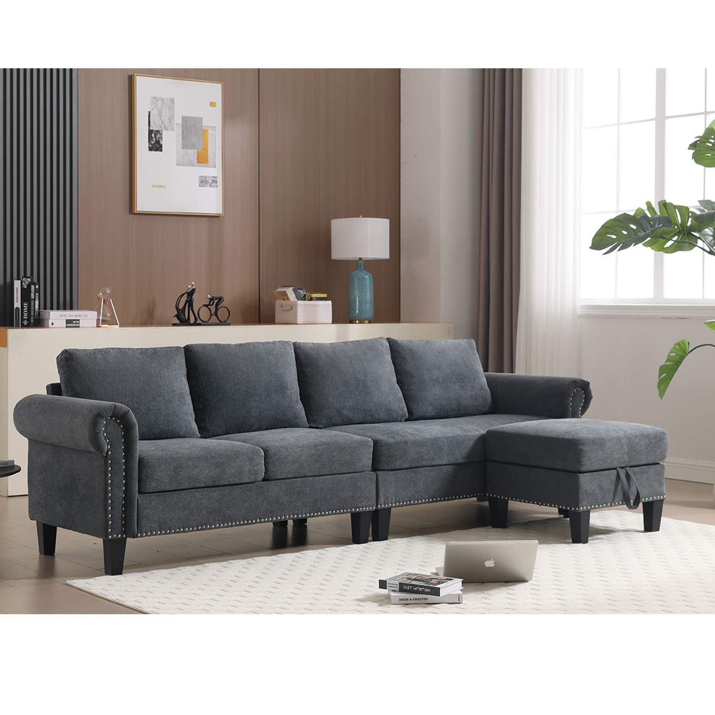 Convertible Sectional Sofa With Storage,L-Shaped Sofa,Four-Seater Sofa,Modern Linen Fabric Sectional Couches for Living