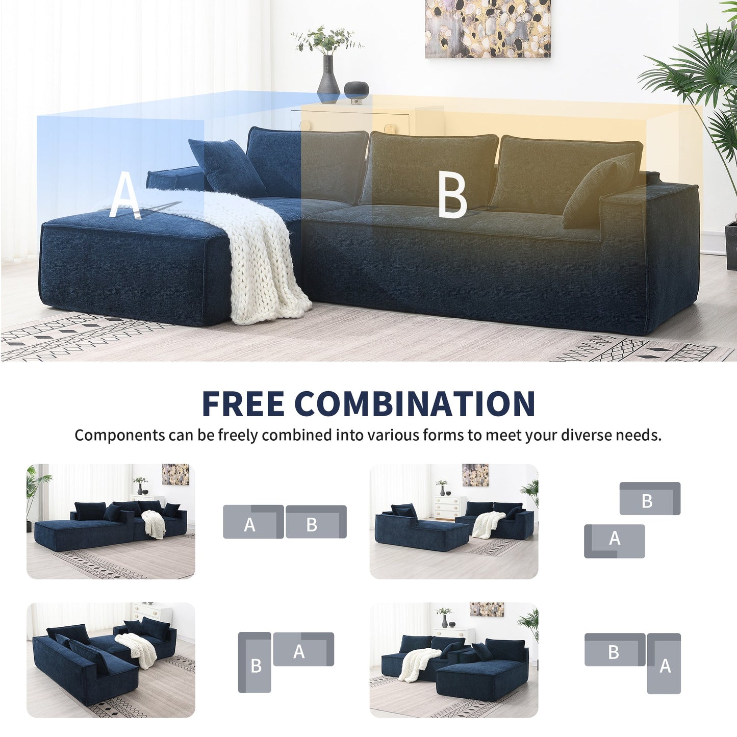 111.5*72"Minimalist Style Modular Sectional Sofa,Wrinkle-Resistant Chenille Couch Set,L-Shaped Sleeper Sofa Bed