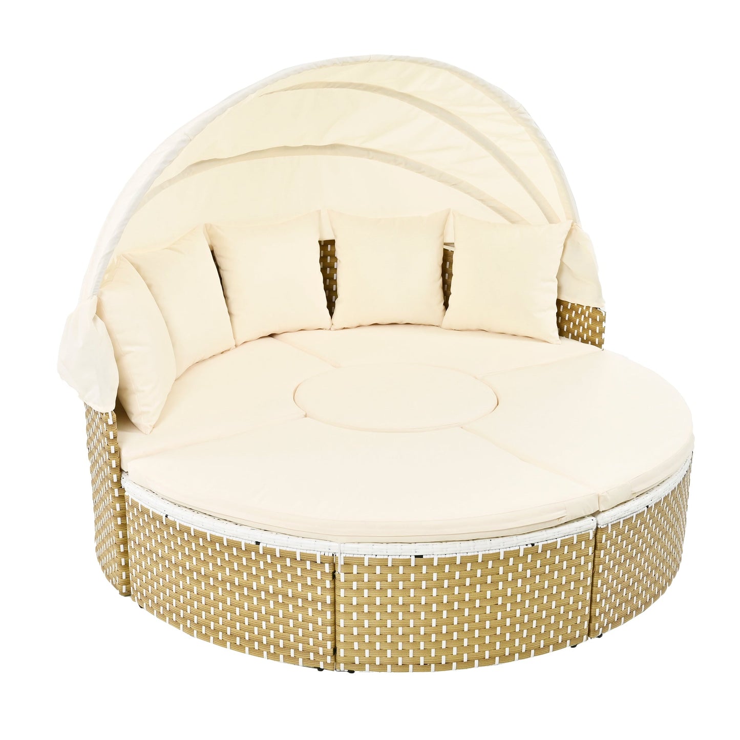 Patio Furniture Round Outdoor Sectional Sofa Set Rattan Daybed Two-Tone Weave Sunbed With Retractable Canopy
