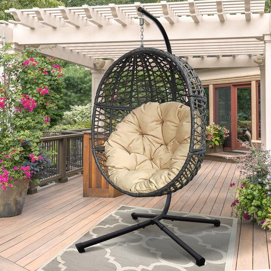 Wicker Hanging Swing Chair;  Rattan Hanging Egg Chair With Durable Stand and Waterproof Cushion for Outdoor Garden