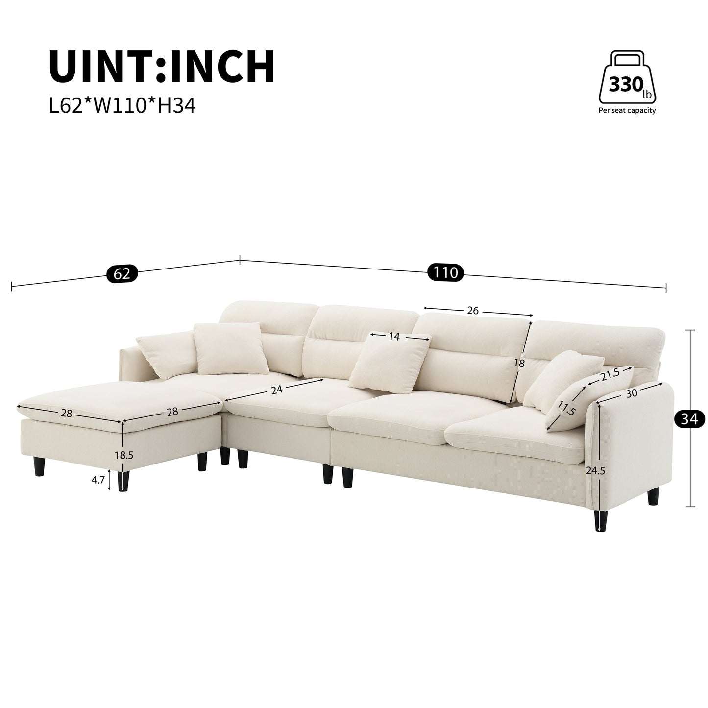 110*62" Modern Convertible Sectional Sofa,L-Shaped Reversible Couch Set With Free Pillows,5 Seat Cloud Chenille Indoor