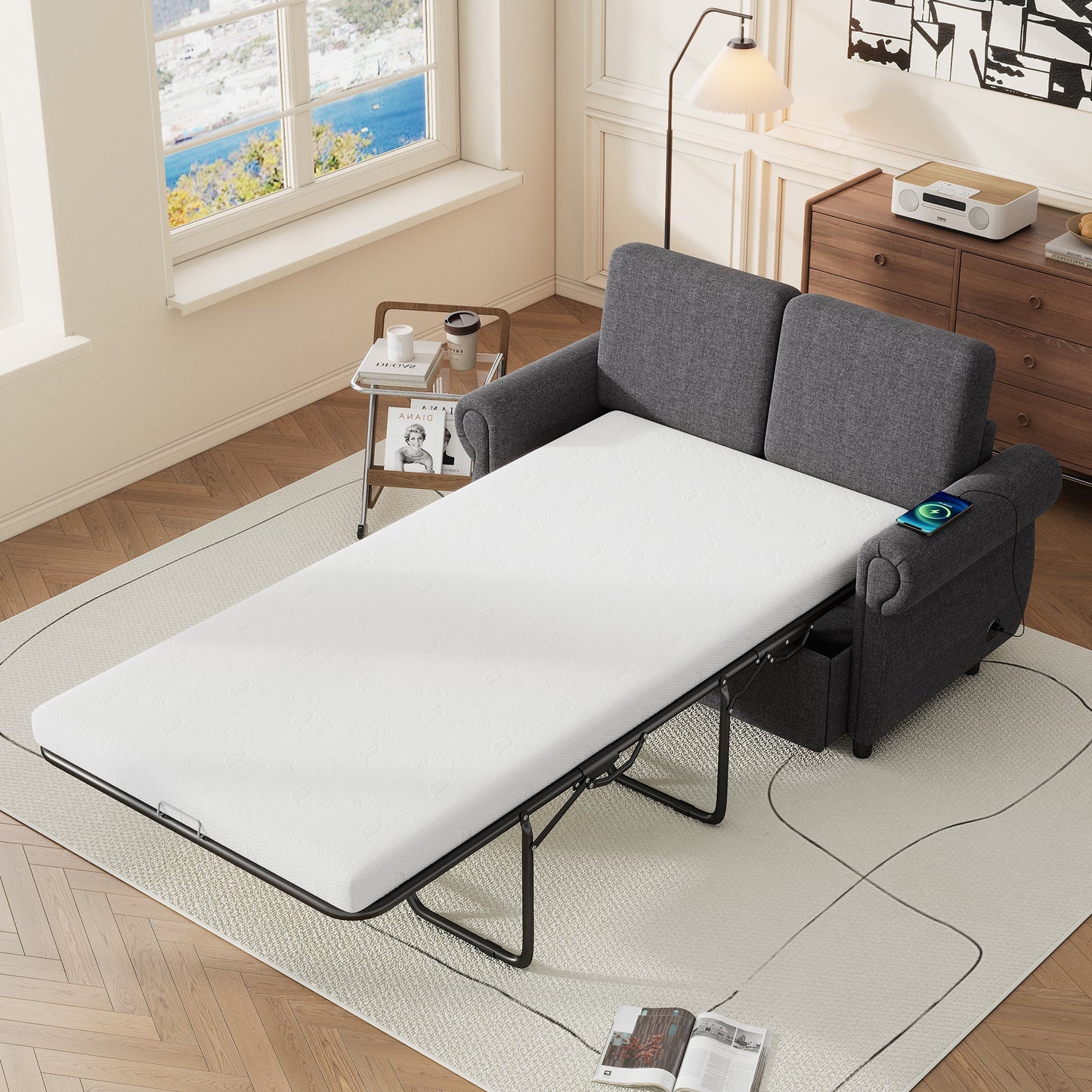 57.9" Pull Out Sofa Bed  Loveseat Sleeper With Twin Size Memory Mattress With Two USB Ports for Living Room Spaces