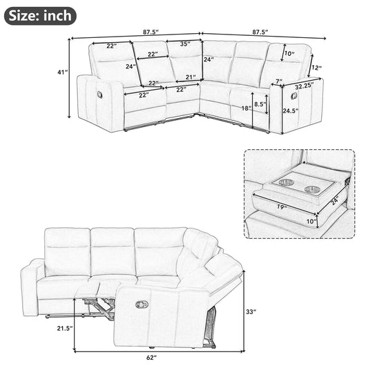 87.5" Manual Reclining Home Theater Seating Recliner Chair Sofa With Flipped Middle Backrest, 2 Cup Holders for Living Room