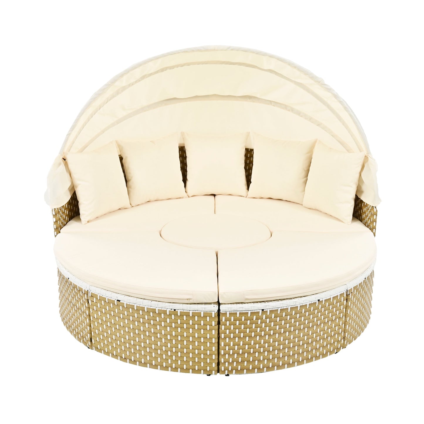 Patio Furniture Round Outdoor Sectional Sofa Set Rattan Daybed Two-Tone Weave Sunbed With Retractable Canopy