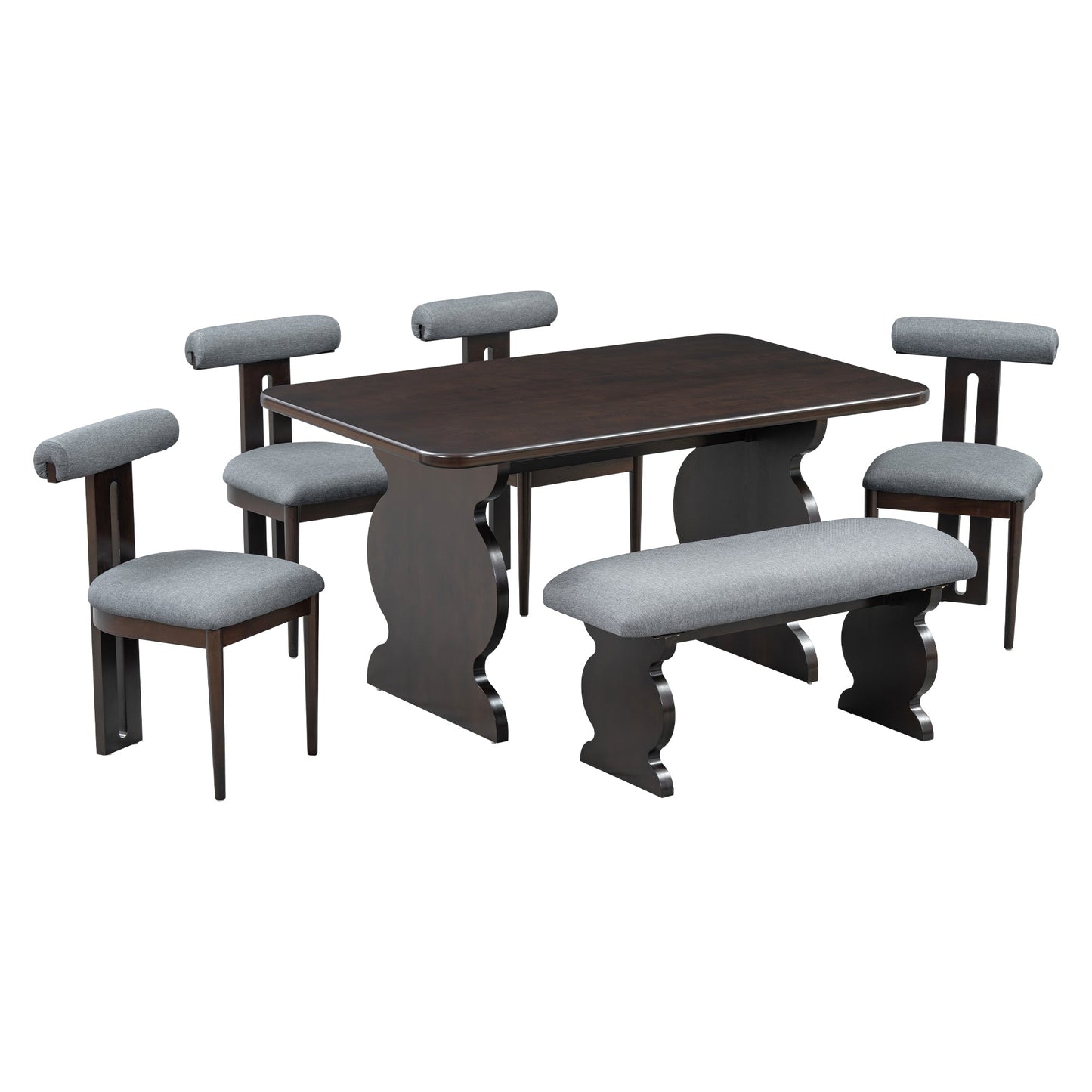 6-Piece Dining Set, Mid-Century Modern Table Set for 6 Persons With 4 Chairs and Bench, Padded Seats and Backrest