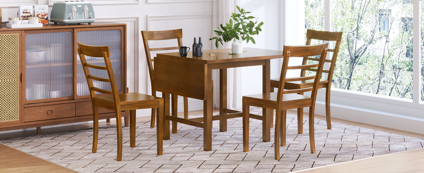 5-Piece Wood Square Drop Leaf Breakfast Nook Extendable Dining Table Set With 4 Ladder Back Chairs for Small Places