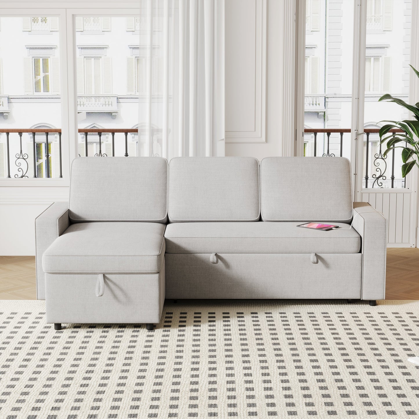 85.8" Pull Out Sleeper Sofa L-Shaped Couch Convertible Sofa Bed With Storage Chaise and Storage Racks,With USB Port