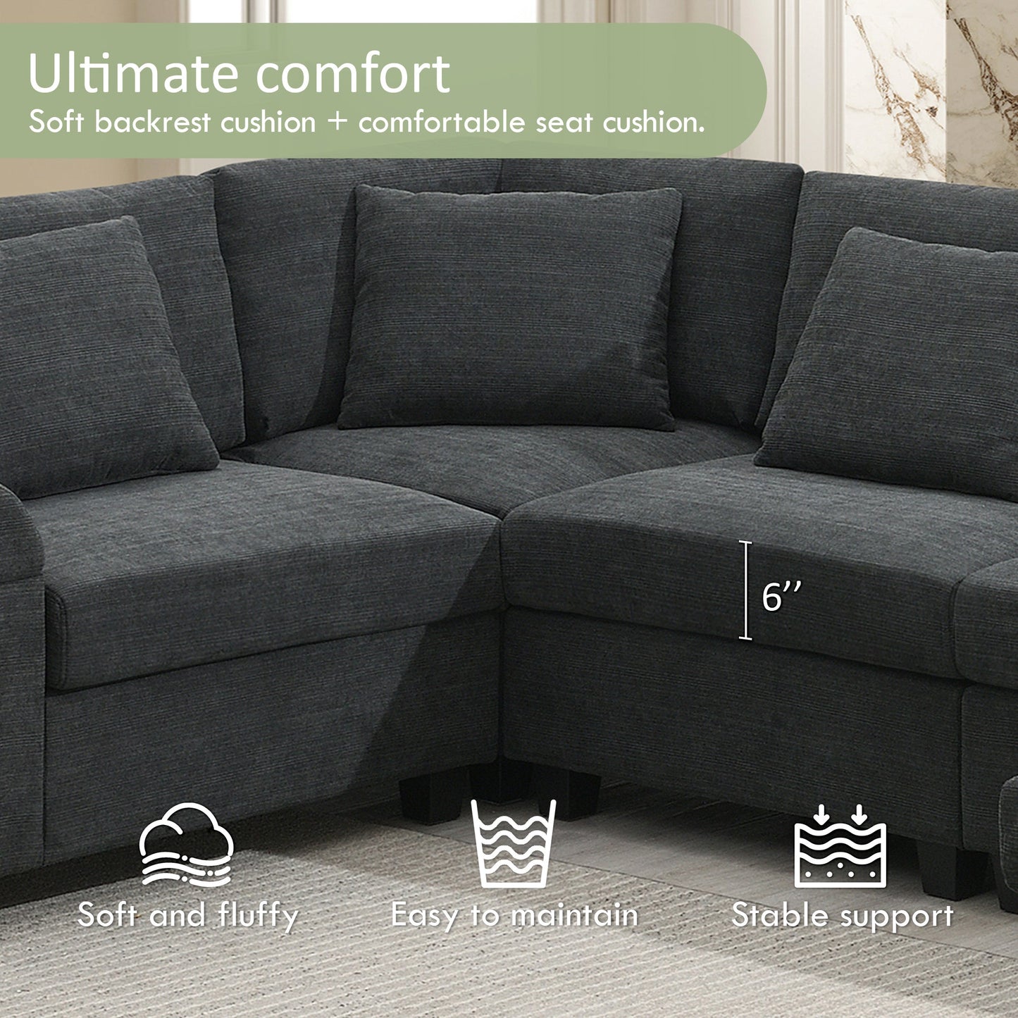 128*67" U Shaped Sectional Sofa,6 Seat Chenille Couch Set With Oversized Ottoman,Hidden Armrest Storage and Cup Holders