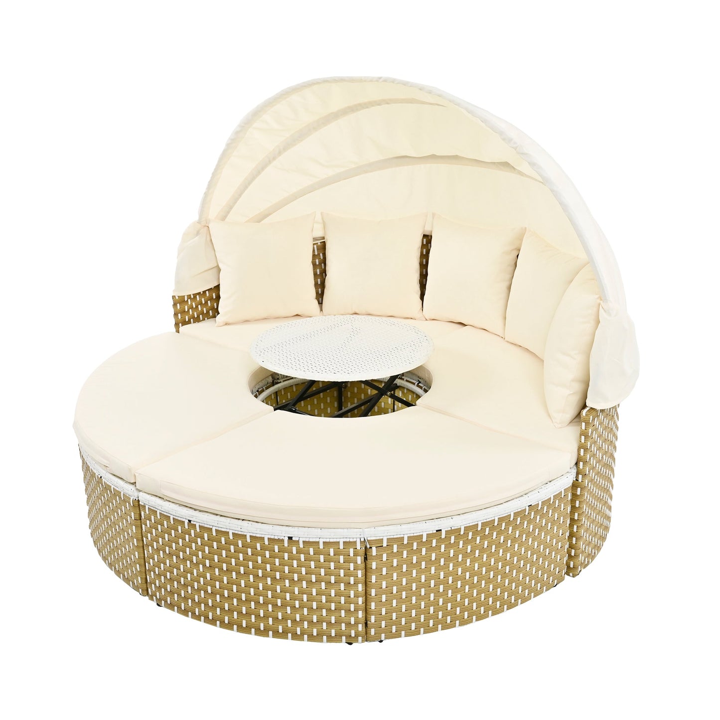 Patio Furniture Round Outdoor Sectional Sofa Set Rattan Daybed Two-Tone Weave Sunbed With Retractable Canopy