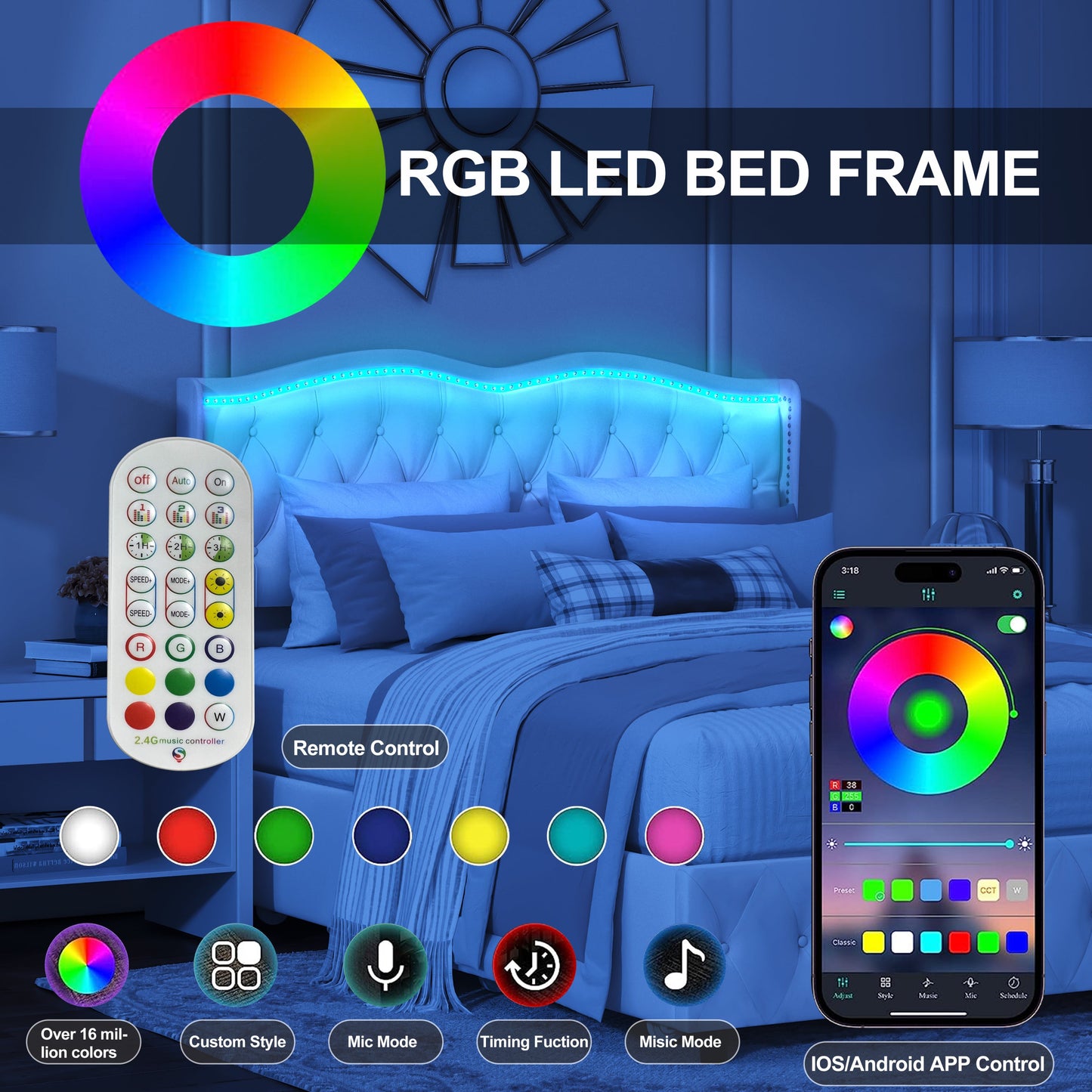 Queen Platform Bed Frame , Velvet Upholstered Bed With Deep Tufted Buttons and Nailhead Trim, Adjustable Colorful LED