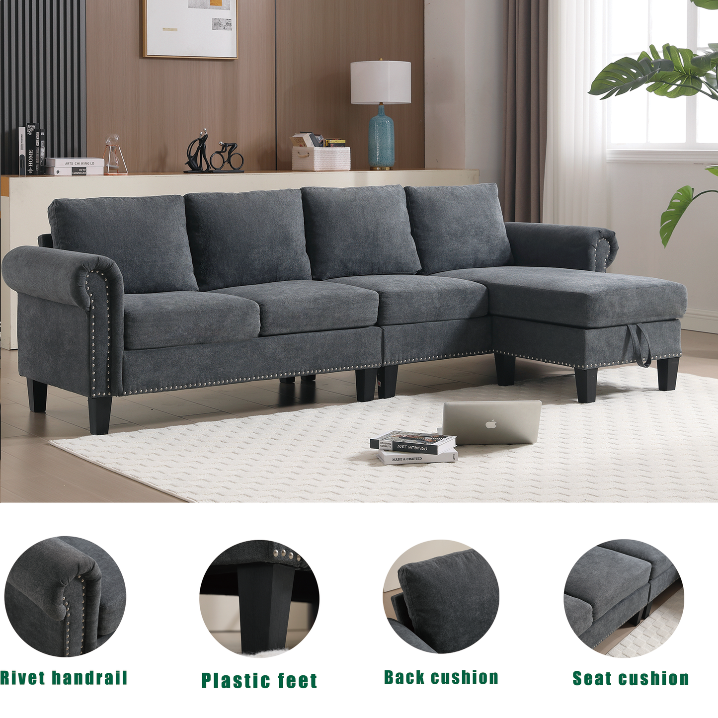 Convertible Sectional Sofa With Storage,L-Shaped Sofa,Four-Seater Sofa,Modern Linen Fabric Sectional Couches for Living