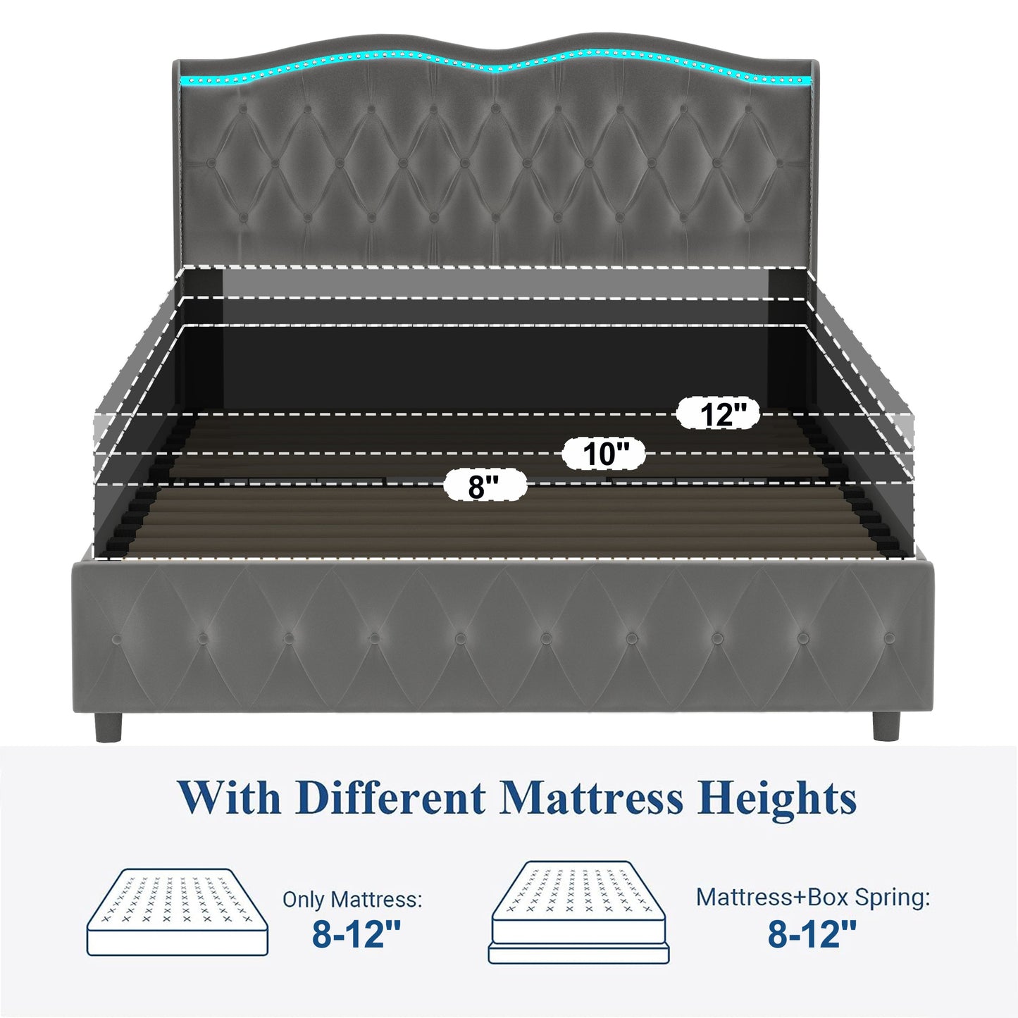 Queen Platform Bed Frame , Velvet Upholstered Bed With Deep Tufted Buttons and Nailhead Trim, Adjustable Colorful LED