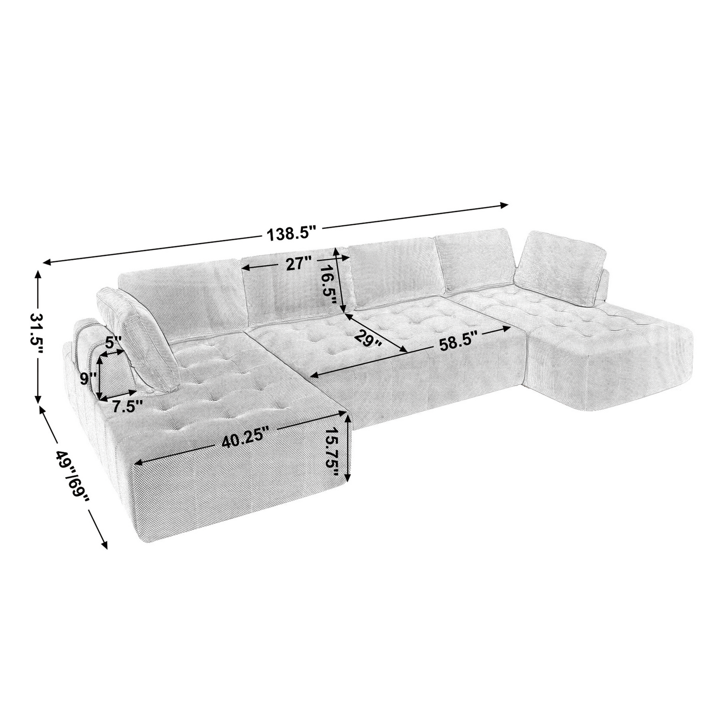 138.5 "Modular Combination Sofa, U-Shaped Sofa, Living Room, Apartment, Upholstered ,6-Seat Sofa, Free Combination Sofa