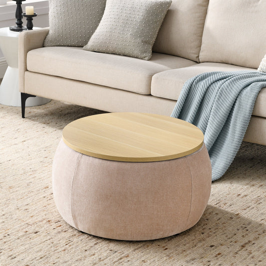 Round Storage Ottoman, 2 in 1 Function, Work as End Table and Ottoman,  Pink  (25.5"x25.5"x14.5")