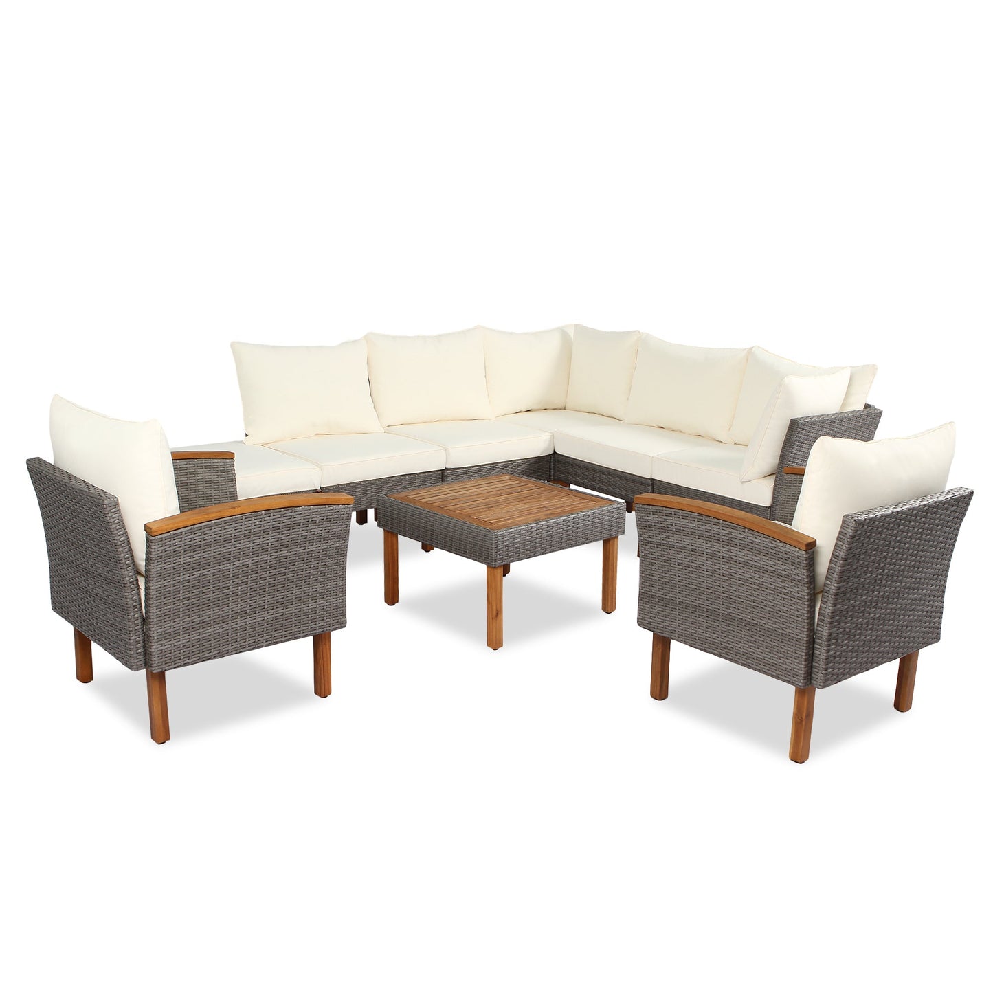GO 9-Piece Patio Rattan Furniture Set, Outdoor Conversation Set With Acacia Wood Legs and Tabletop, PE Rattan Sectional