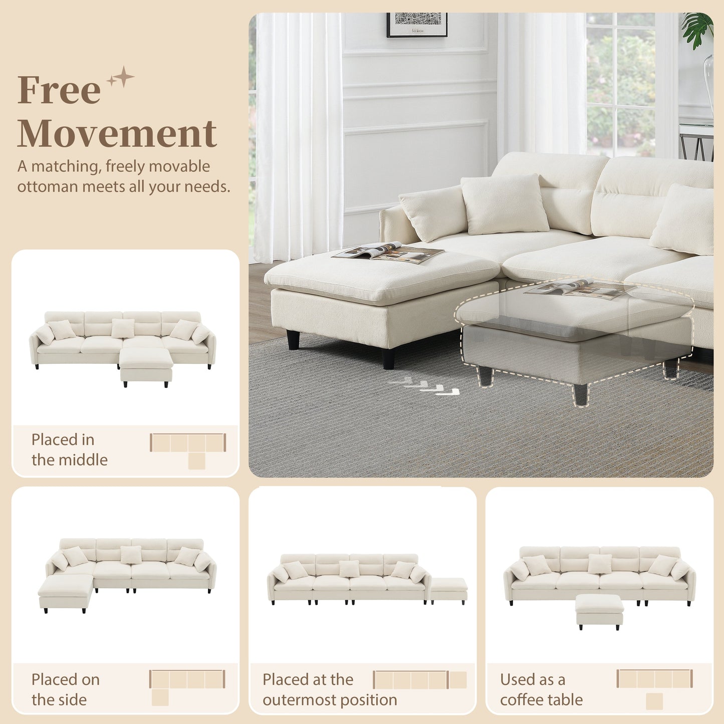 110*62" Modern Convertible Sectional Sofa,L-Shaped Reversible Couch Set With Free Pillows,5 Seat Cloud Chenille Indoor