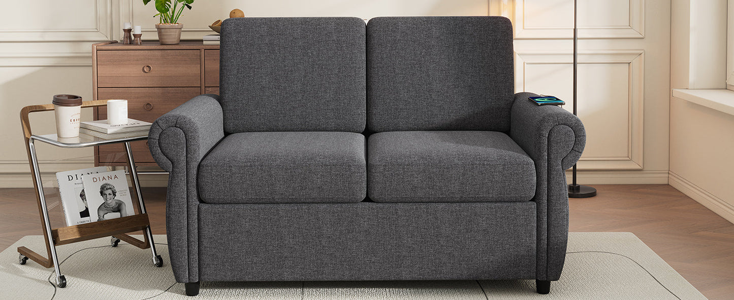 57.9" Pull Out Sofa Bed  Loveseat Sleeper With Twin Size Memory Mattress With Two USB Ports for Living Room Spaces